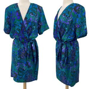 Vintage 80s Silk Faux Wrap Abstract Printed Mini Dress Blue Green NEW Womens 10